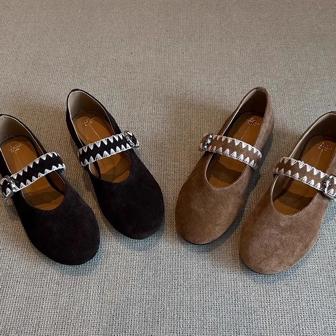 

Коричневые замшевые женские туфли на плоской подошве, неглубокие джинсы Мэри без шнуровки, богемный дизайн, плетеные балетки для отдыха, женские рабочие туфли на шпильке, Zapatillas