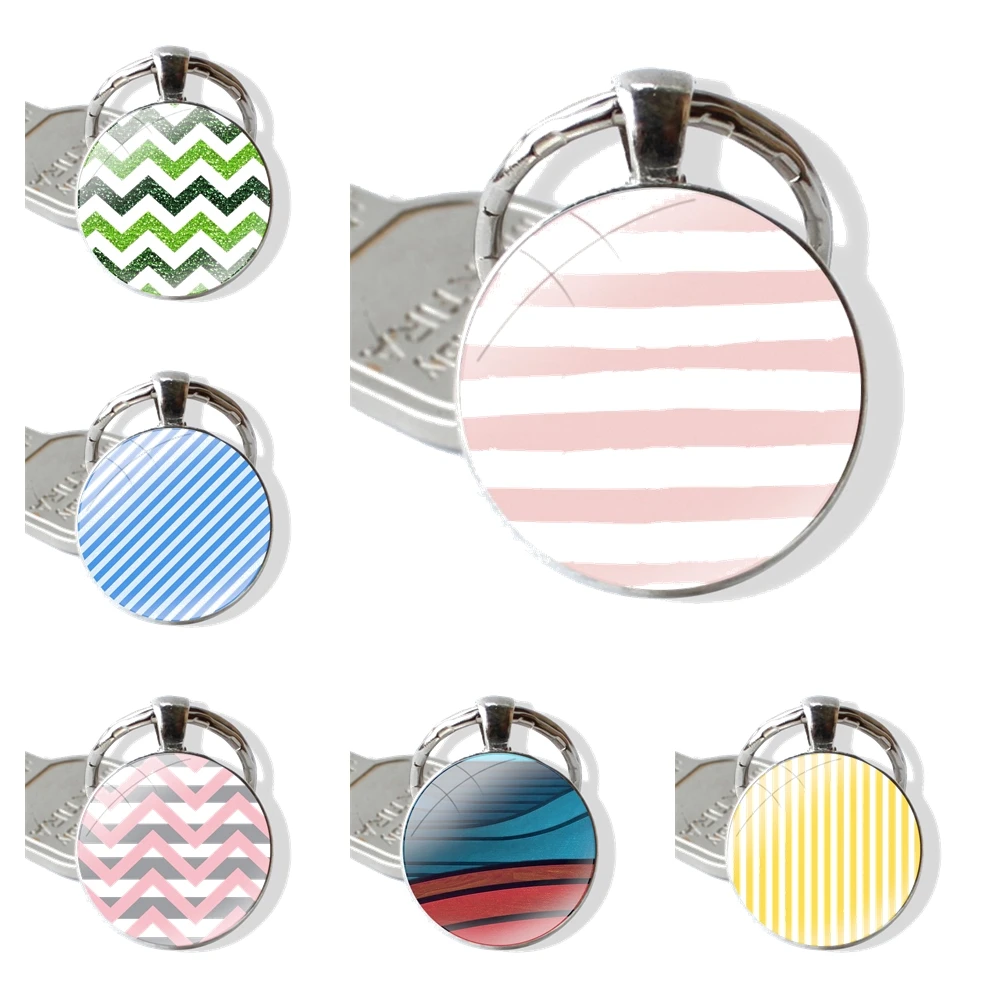 Yellow Zigzags Streak stripes Keychain Glass Cabochon Metal Pendant Classic Men's Women's Keyring