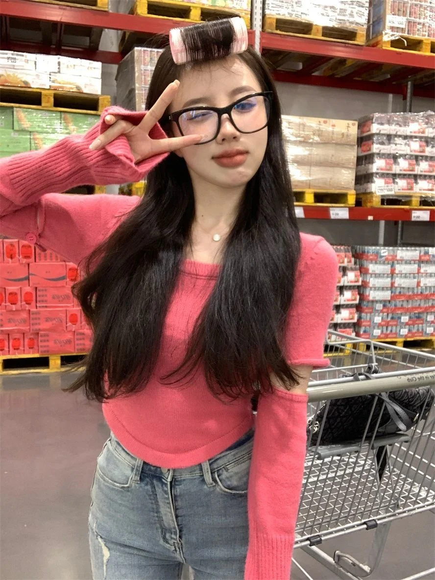 

Вязаный свитер со съемными рукавами, женский новый вязаный осенний повседневный свитер с планкой спереди, подходит для элегантных девушек с длинными рукавами для колледжа