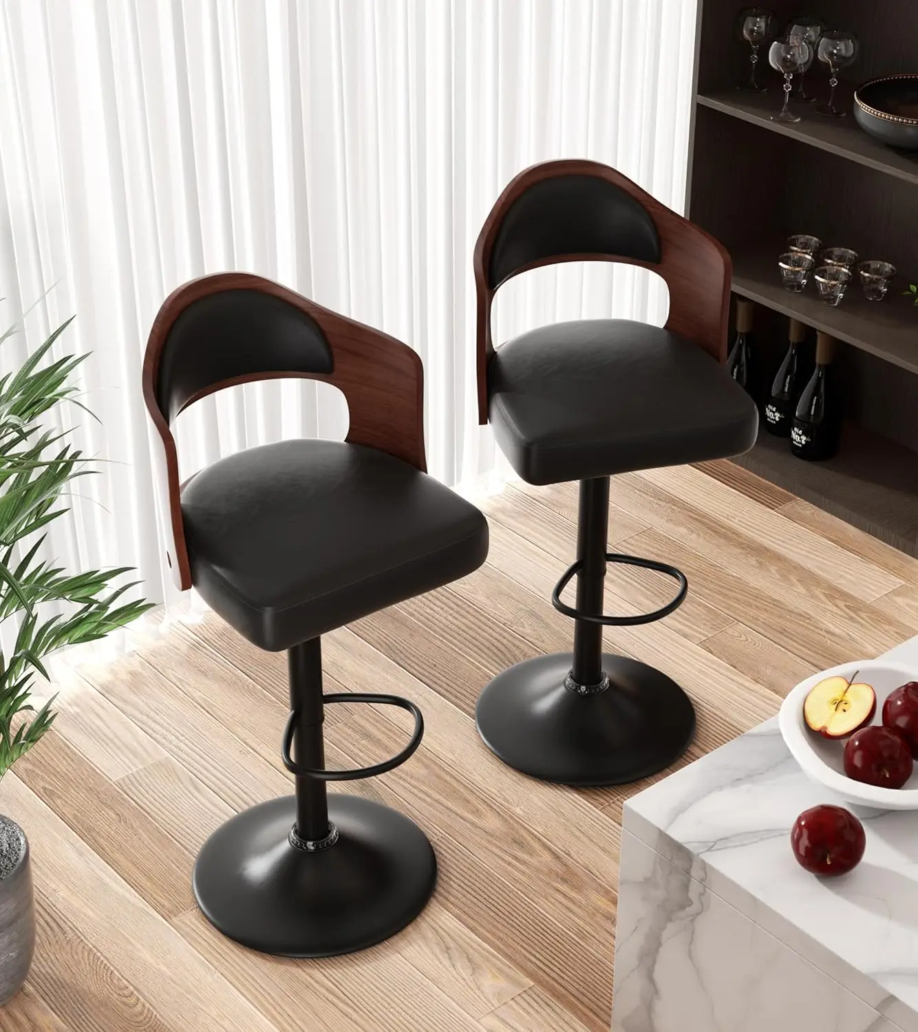 Swivel Bar Stools Set Of 1 Seat Adjustable Height 24.5-33.5In, Wooden Barstools Pu Leather Upholstered Bar Chairs With Back &