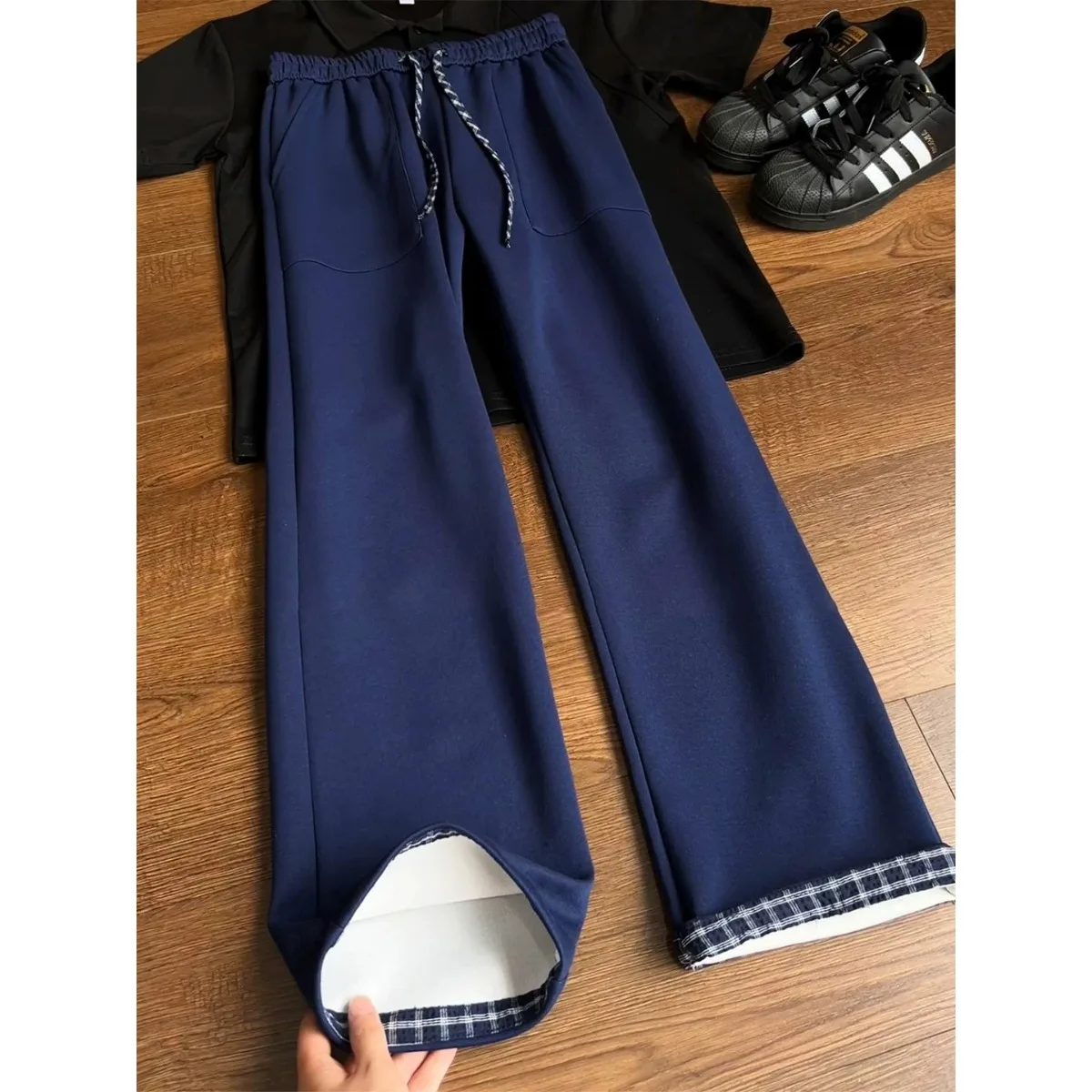 Cleanfit Loose Straight Leg Pants Trousers Heavy Drapey Dark Blue Plaid Patchwork Men's Casual Straight Leg Trousers