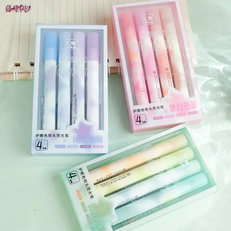 4pcs Dopamine Color Highlighter Pens Set Oblique Soft Head Marker Liner for Drawing Painting School