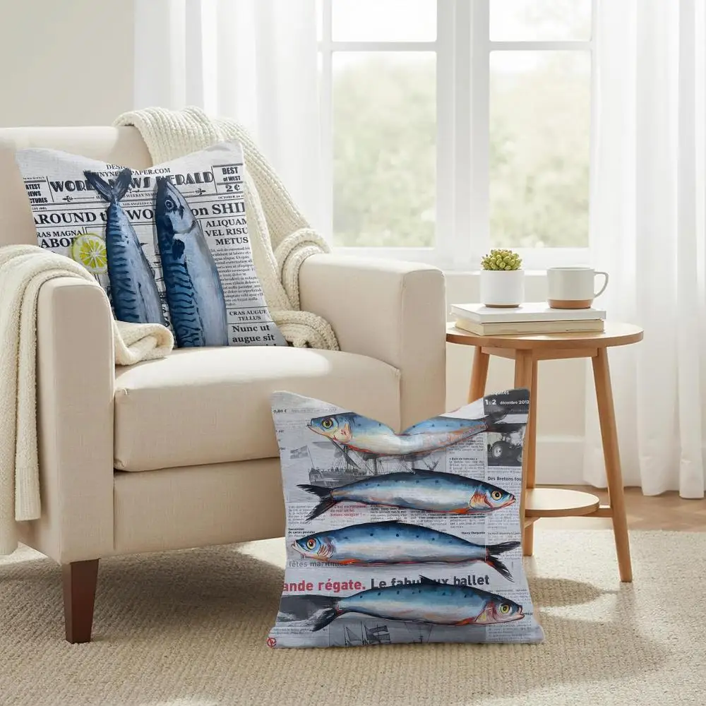 Colorful Sardine Lobster Cushion Cover Double-Sided Printed Organic Linen Pillow Cover, Decorative for Sofa Home