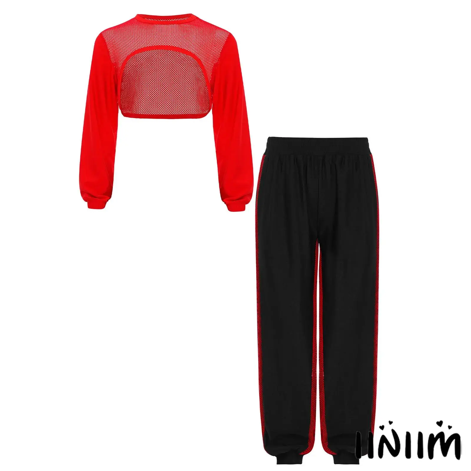 

Детский костюм для хип-хопа и джаза для девочек: укороченный топ с длинным рукавом, асимметричным подолом, сетчатыми вставками и брюки, уличный стиль