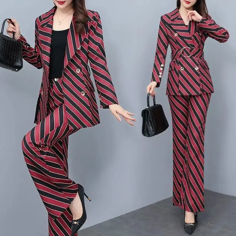 Women's Casual Blazers Jacket New in Matching Set 2023 Spring Autumn Korean Elegant Print Suit Coat+Micro Flare Pants Two-piece