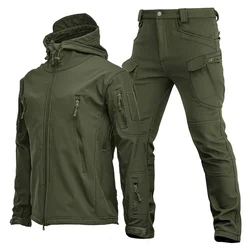 Waterproof Hiking Tracksuit Set Men, Sharkskin Army Jackets, Camping Coat, Tactical Pants, Warm Fishing Fleece Trousers, Winter