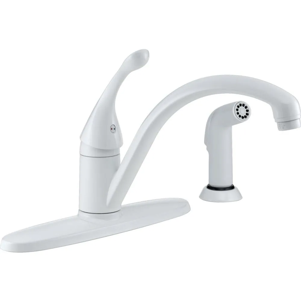 Grifo de cocina monocomando blanco Collins con rociador lateral, montaje de 3 orificios, marca Delta 440