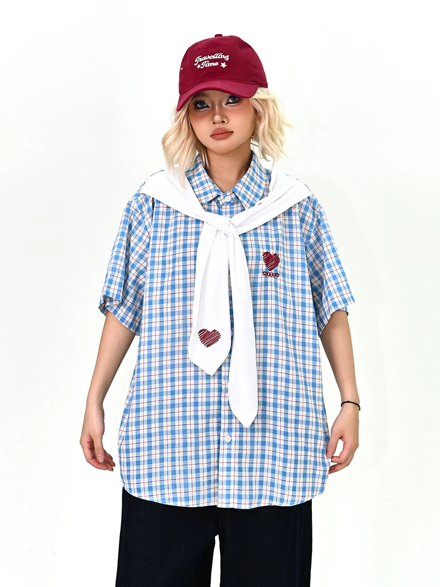

Summer New Sle Women's Plaid ort Sve irt Loose BF American Street Sle oulder Wrap Embroidered Heart Pattern