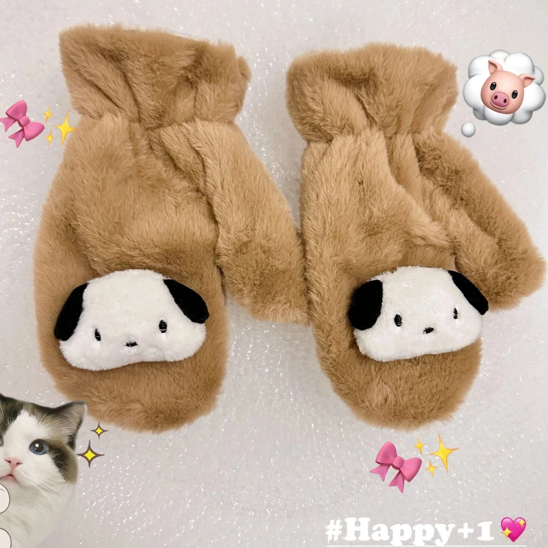 Cute Kitty Pochacco Winter Warming Mittens Cartoon Plush Thickened Gloves Cycling Travel Cold-Proof Mittens Girl Birthday Gift