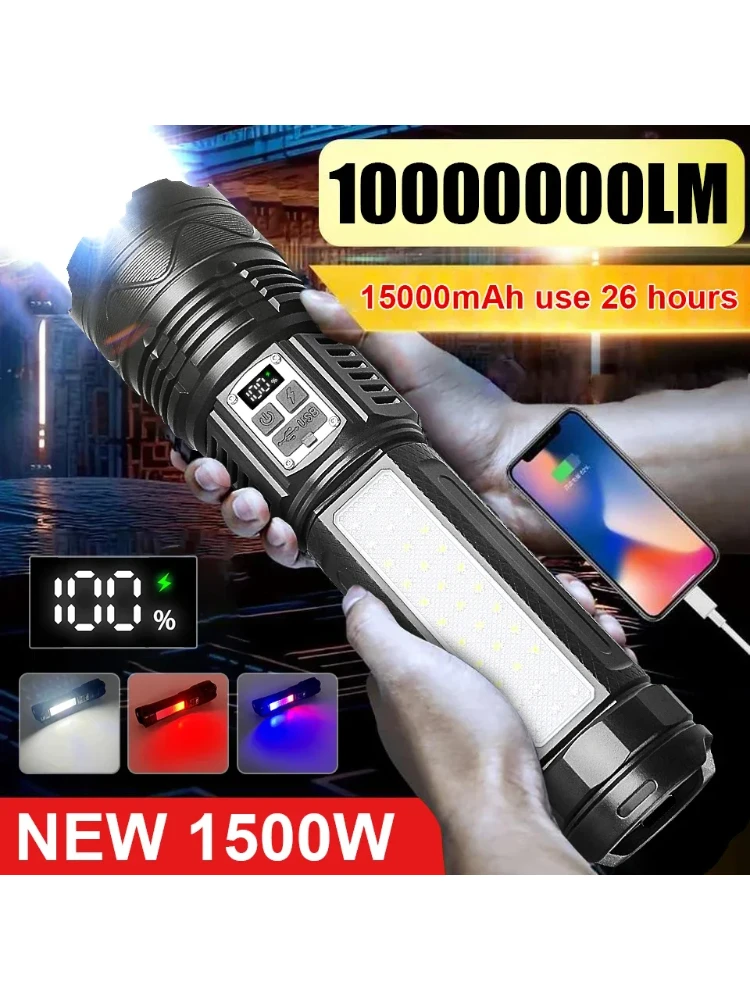 NOUVEAU 1000000 Lampes de poche Led haute puissance LM, batterie intégrée, lampe de poche tactique 15000mah, projecteur d'urgence, lanterne la plus puissante