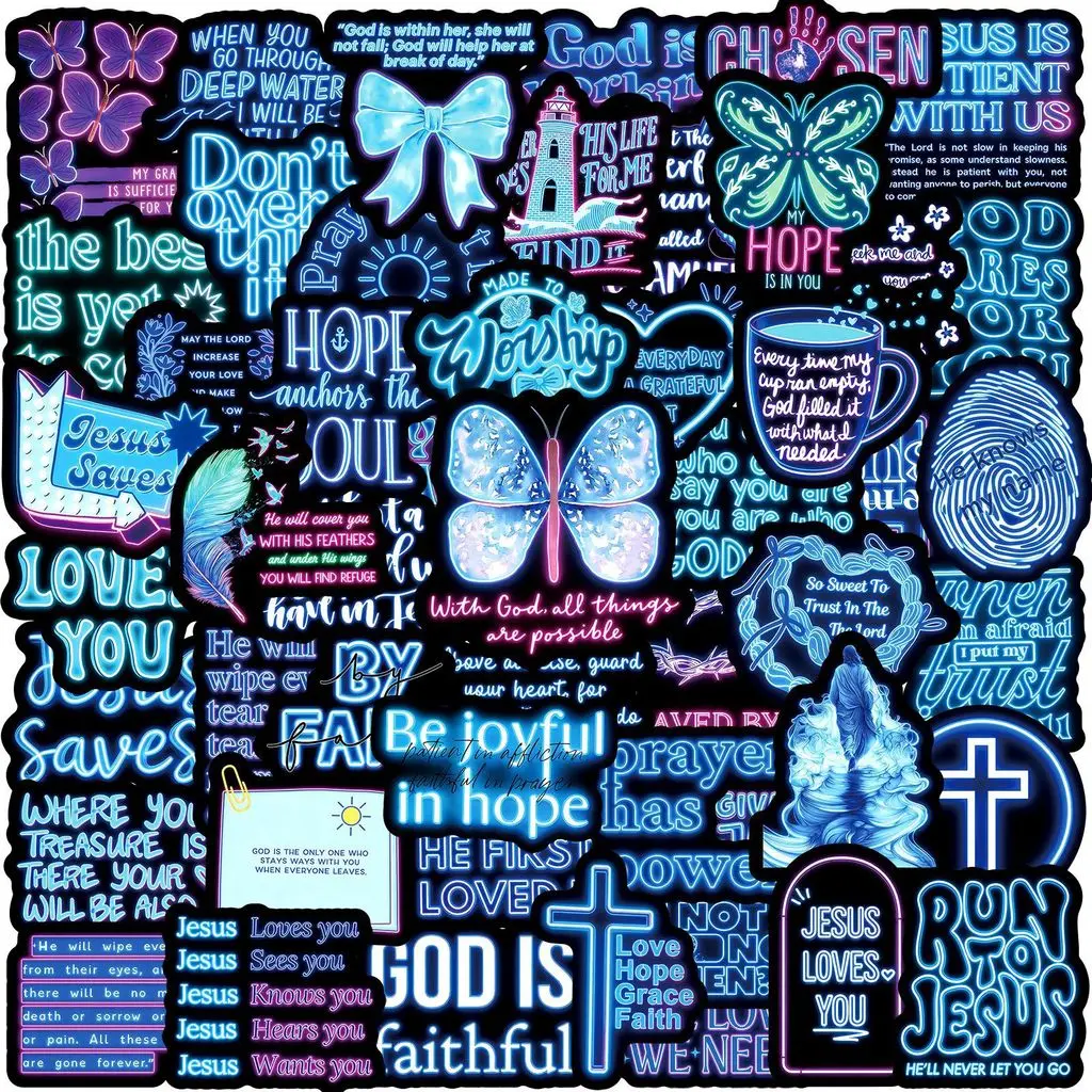 50 autocollants bibliques inspirants bleu néon imperméables pour la décoration de carnets et journaux - Boutique d'autocollants Giajar