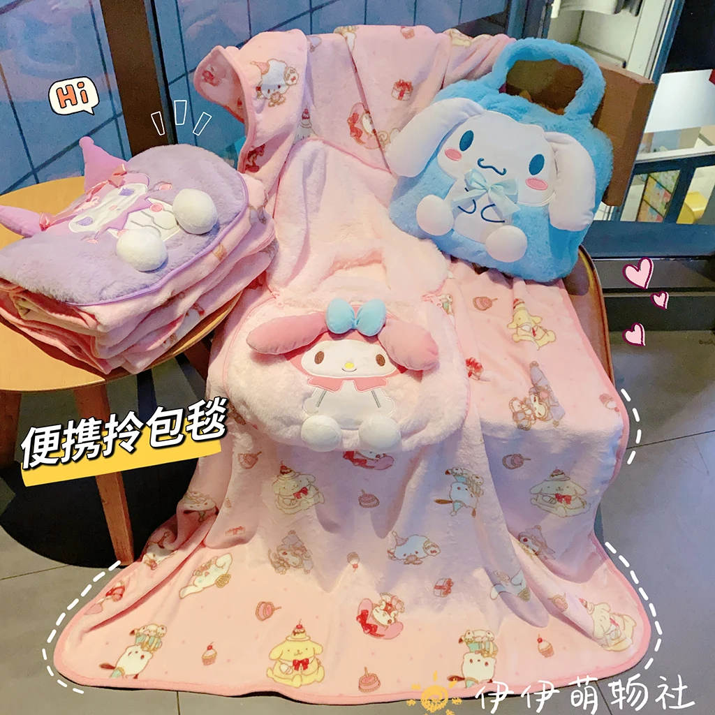 Sanrio Plush Portable Blanket Bag My Melody Kuromi Cinnamoroll Pochacco Warm Blanket Hello Kitty Plush Nap Blanket Girl Gift