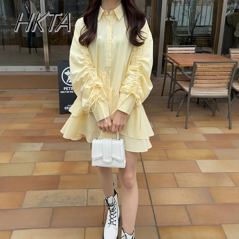 Japanse zoete asymmetrische ruche lange trekkoord mouw polokraag shirtjurk dames vouw commuter losse blauwe lange blouse