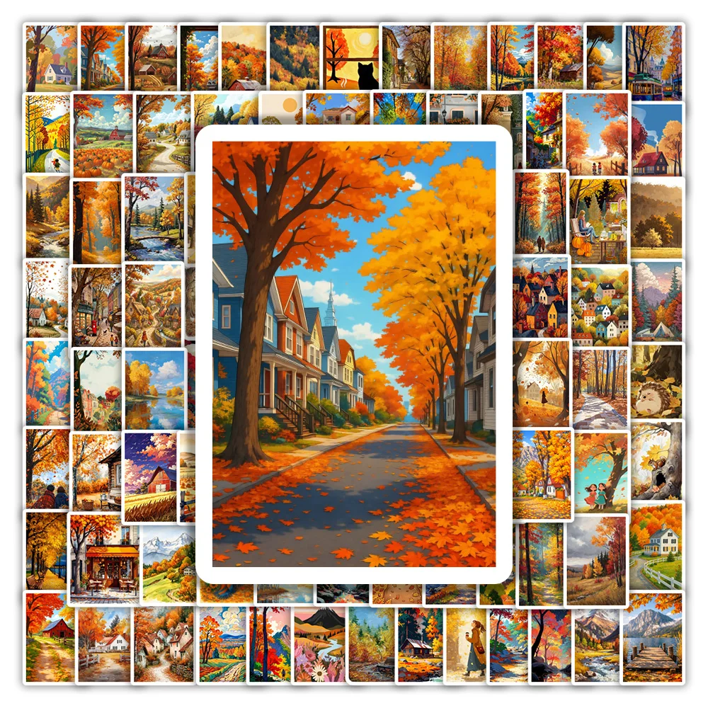 Autumn Fall Scenery Stickers Vinyl Golden Maple Pumpkin Cottage Forest Waterproof Decal for DIY Scrapbook Luggage Bottle Gift