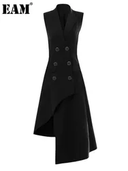 [EAM] donna nero doppio petto lungo elegante gilet irregolare nuovo risvolto senza maniche moda marea primavera autunno 2024 1 dh6238