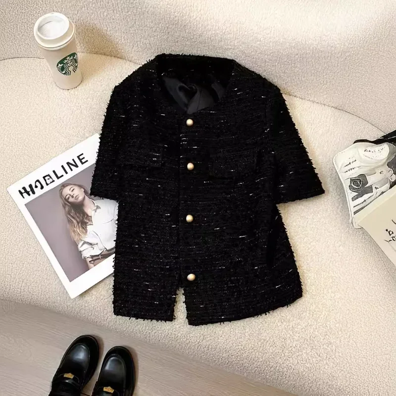 

Black Small Fragrance O Neck Casual Short Coat Women's Summer New Basic Short-sleeved French Chic Tweed High Quality Lady Jacket