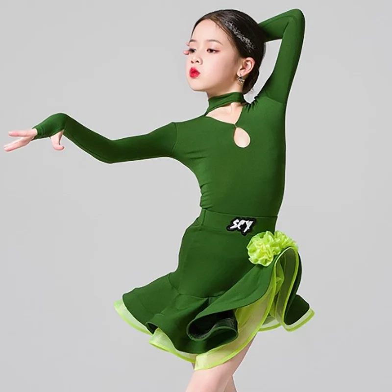 

Детский танцевальный костюм для девочек: боди с длинными рукавами и вырезами, пышная юбка для латиноамериканских танцев, комплект для тренировок и выступлений