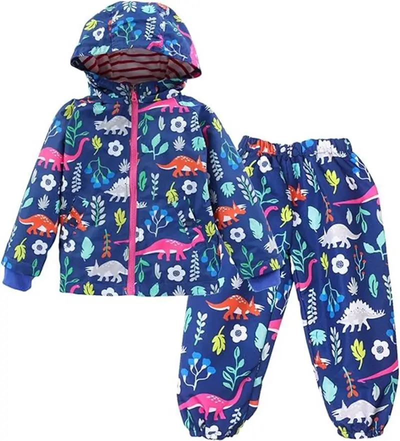 1-8 Years Old Children Raincoat Kids Boys Girls Hooded Waterproof Jacket+Pants 2PCS Cartoon Dinosaur Baby Rainwear Clothes