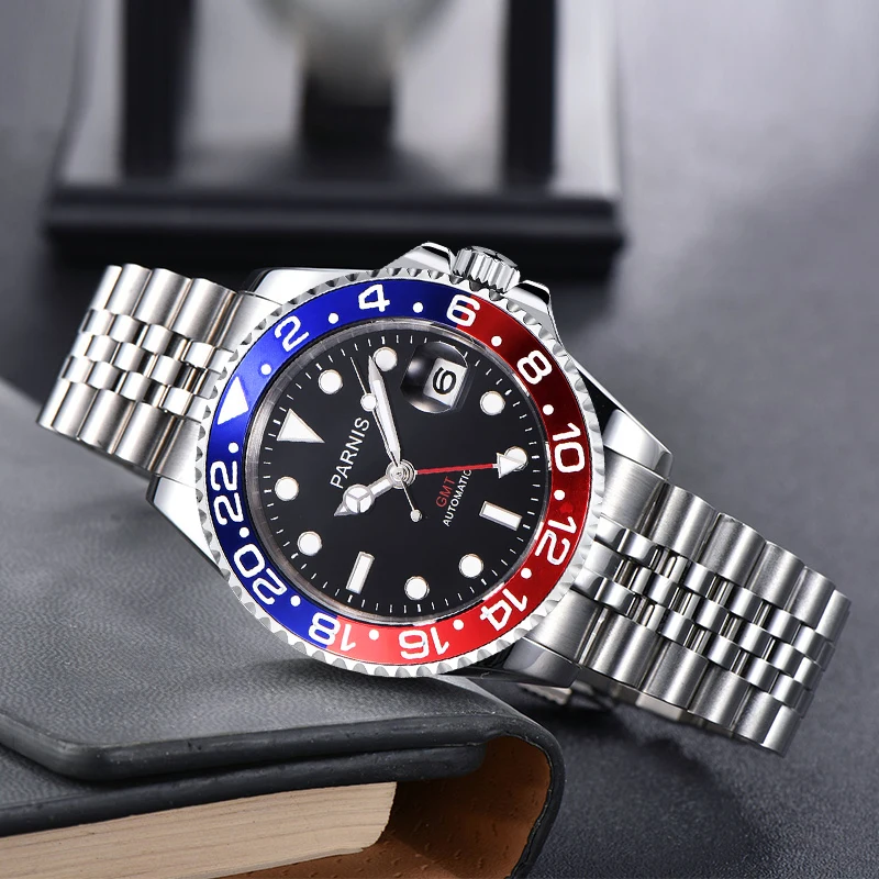 Fashion Parnis 40mm Red Blue Bezel Automatic Mechanical Men\'s Watches Red GMT Sapphire Crystal Calendar Men Watch reloj hombre