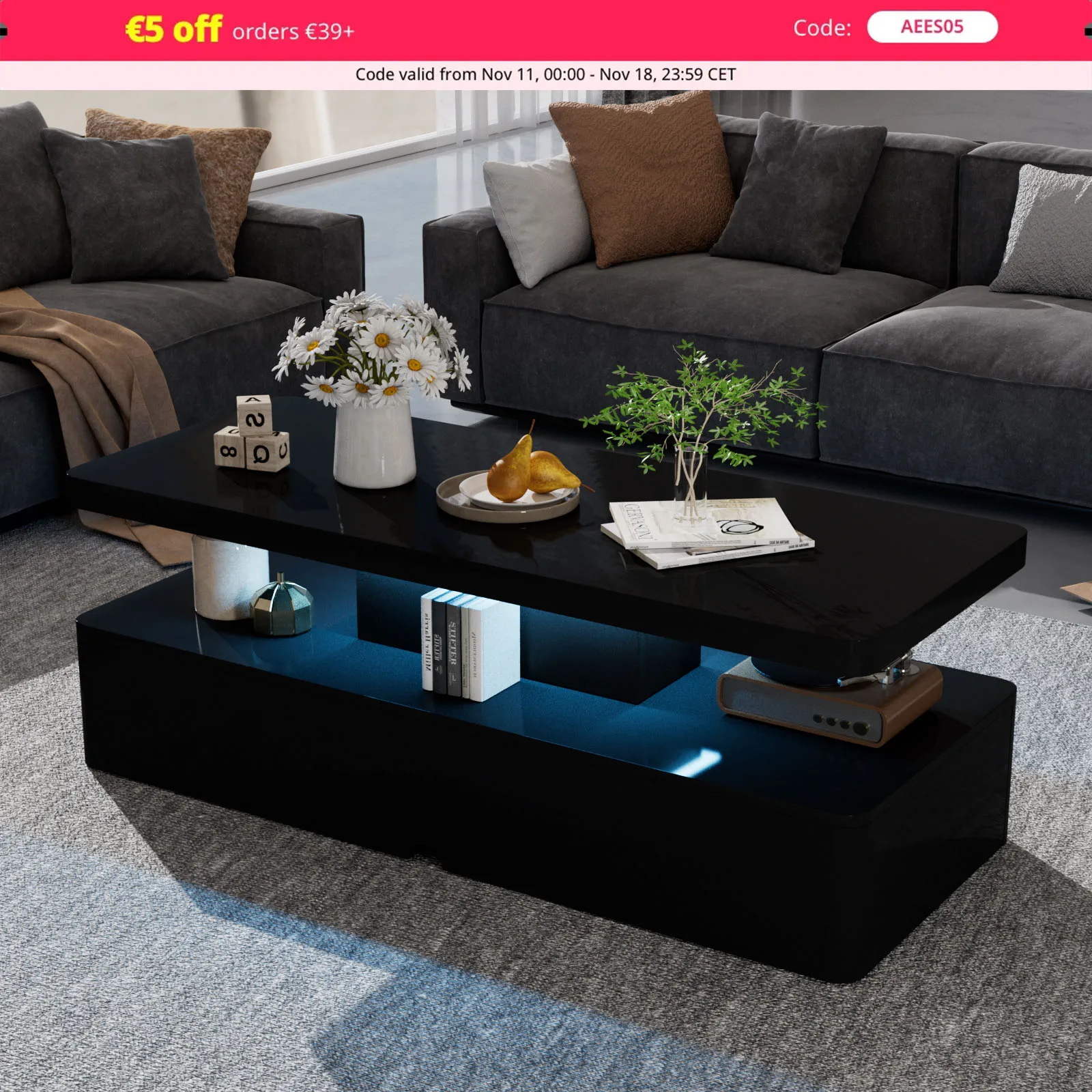 Modern Stylish Coffee Table with 16 Colors LED Lights, Double-Layer Design for Living Room, Black