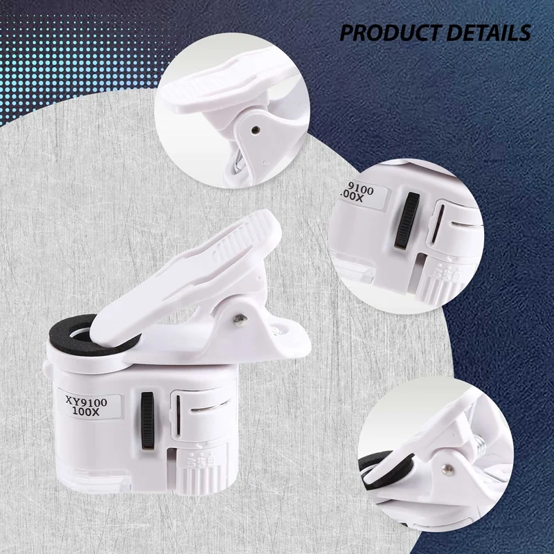 A12E-100X Zoom Clip-On Microscope With LED Light, Portable Magnifier Loupe Pocket Magnifying Lens Glass