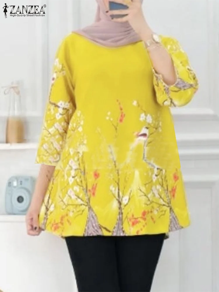 ZANZEA-Blusa informal con estampado Floral para Mujer, camisa de manga 3/4, cuello redondo, Estilo Vintage, bohemio, Abaya, Turquía, Dubái, Verano