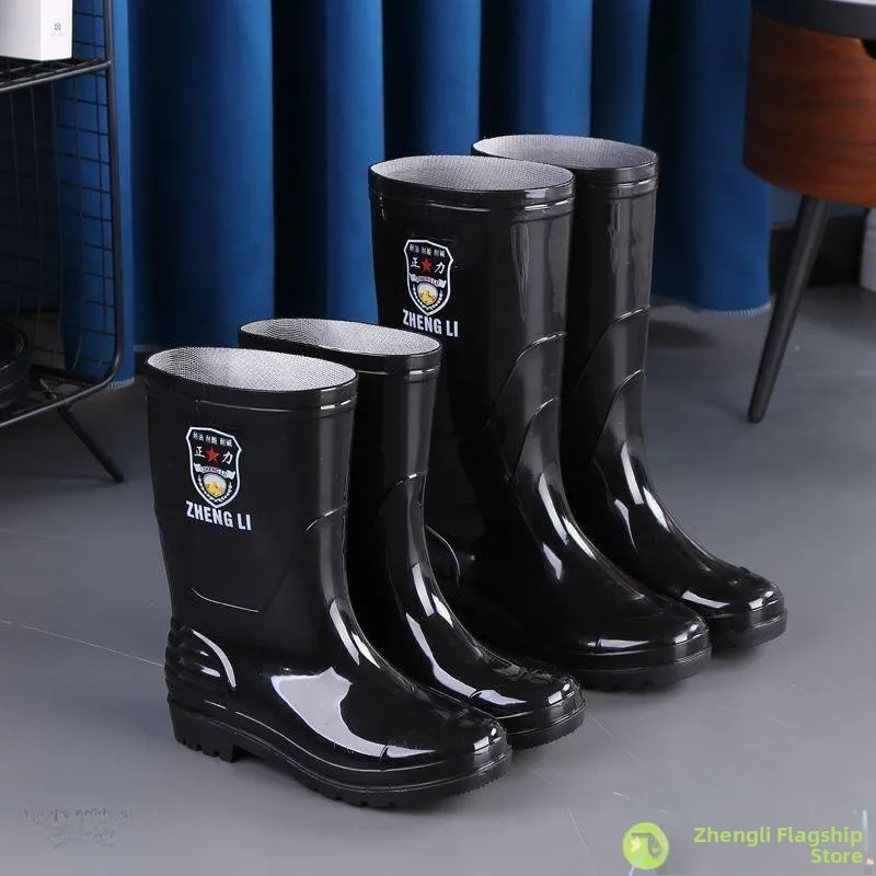 

Thickened Men's Rain Boots High-Cut Short Rain Boots Waterproof Non-Slip Velvet Cover Acid-Resistant Kitchen Rubber Boots