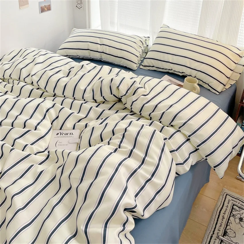 Pure Cotton Bedding Set Red Striped Home Textile Simple Duvet Cover Bed Sheet Pillowcase Ins Style Bed Linen Queen King Size