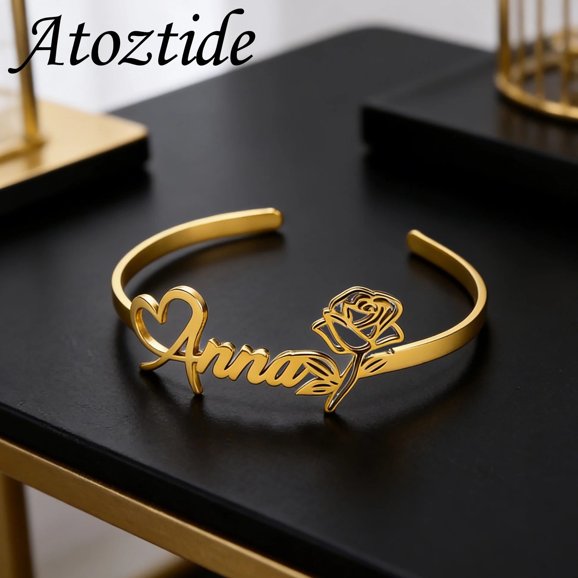 

Atoztide Custom Name Bracelet for Women Men Stainless Steel Jewelry Hollow Heart Flower Bangles Personalized Birthday Gift