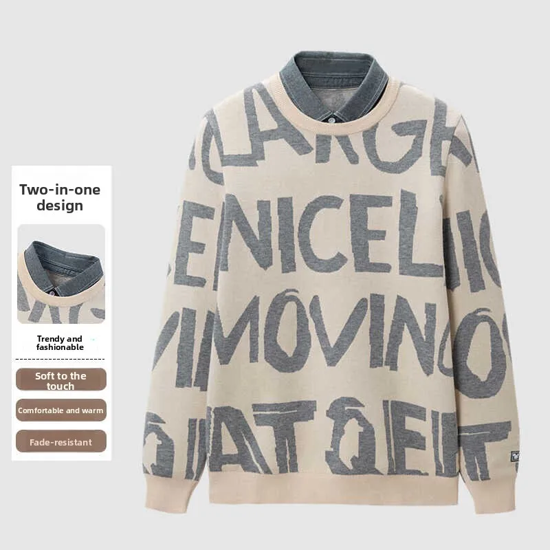 

Warm Knitted irt Collar Fake Two-Piece Men's Faion Urban Sle Long Sve Sweater Youth Casual Wear Autumn Season