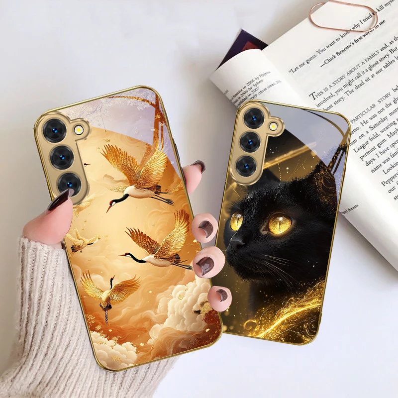 

Mysterious black cat For Samsung Galaxy S26 S20 FE S21 S22 S23 Plus S24 Ultra S25Ultra S21+ S22Plus Golden glass phone case