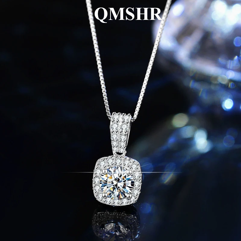 

QMSHR s925 Sterling Silver VVS1 Moissanite classic Necklace pendant for Women with 18k Gold Gift GRA Certified Wedding Jewelry