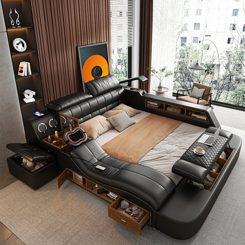 

Ultimate Genuine Leather Bed With Massager, Safe, Speaker, Dresser, Multifunctional Technology Smart Beds Suitable For Bedrooms