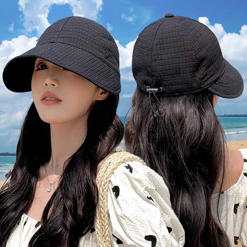 Summer Women\'s Foldable Hat Outdoor Beach Wide Brim Bucket Caps Sun Protection Fisherman Hat Adjustable Cotton Ponytail Suncap