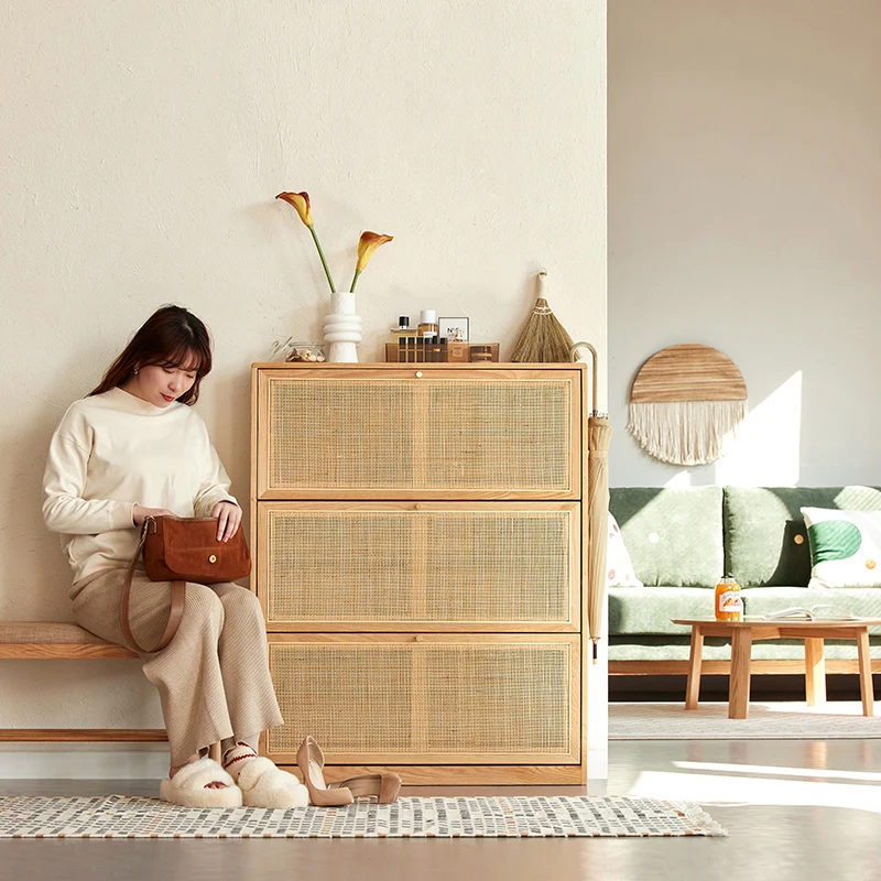 

Space saving solid wood retractable living room multi-layer rotating shoe rack door locker