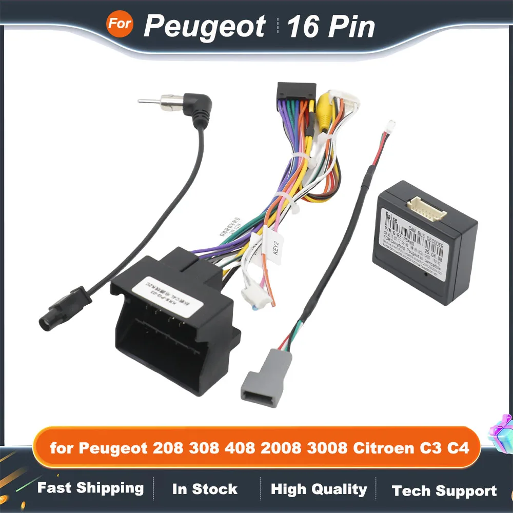 

Адаптер жгута проводов с декодером шины CAN для Peugeot 208 2008 3008 308 408 Citroen C4 C3 16-контактный Android-радио