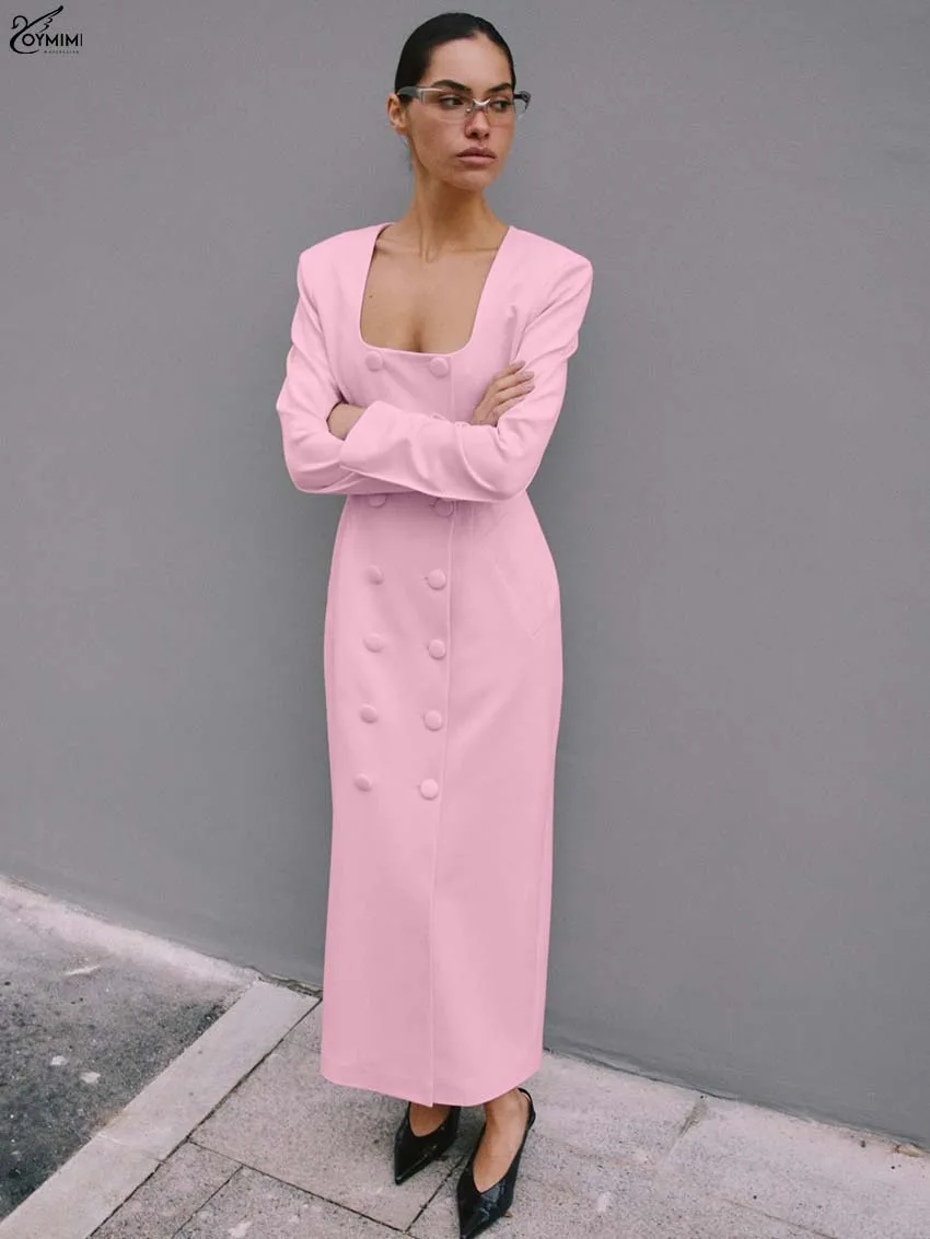 

Oymimi Fashion Pink Dresses For Woman Elegant Square Neck Long Sleeve Double Breasted Dresses Casual Straight Ankle-Length Dress