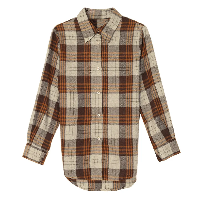 Boweylun Retro Milled Plaid Long Sleeve Shirt Women's Autumn and Winter Medium Long Loose Blouse Tops Famale
