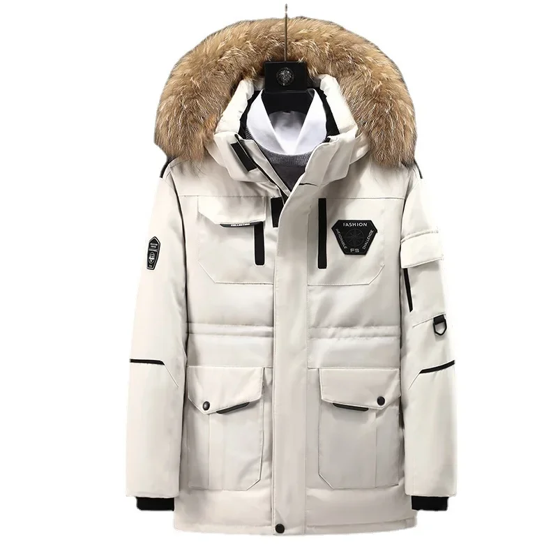 Men's Ultimate Winter Parka -30°C Warmth, 90% White Duck Down, Thickened Mid-Length Coat with Large Real Fur Collar, Overcoat