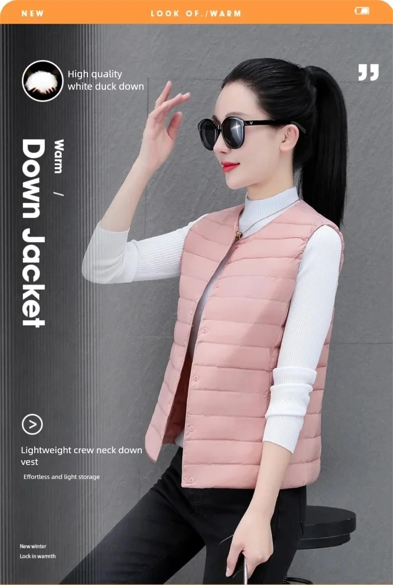 Women's Slim Fit Sleeveless Vest Ultra Lightweight White Duck down Warm Inner Packable Liner Jacket for Outerwear