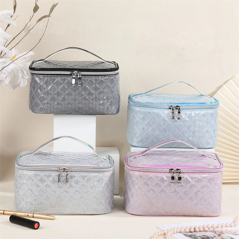 High Plaid Silver Silk Rectangular Storage Makeup Bag Waterproof Flip Cover Portable Wholesale