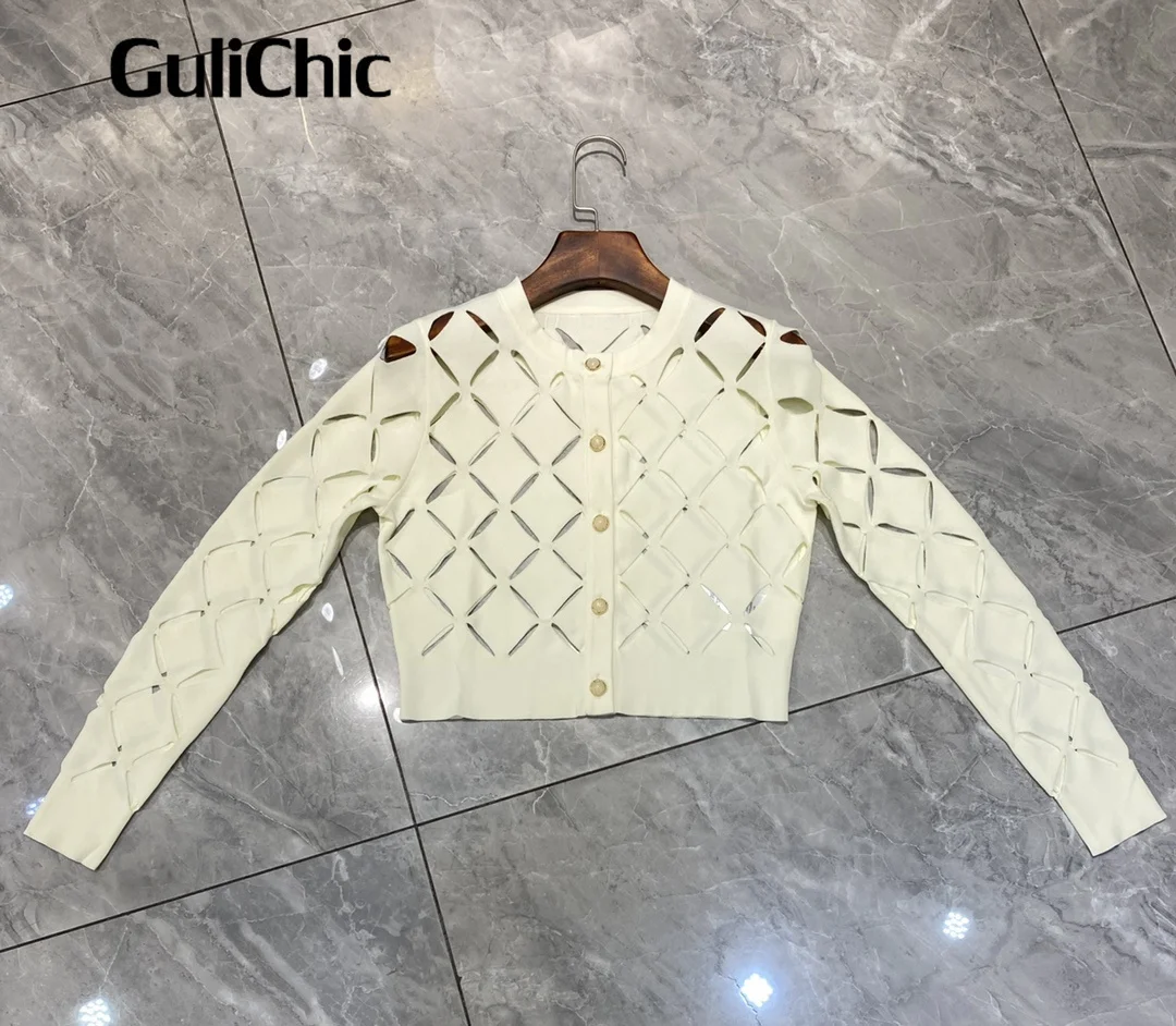 1.8 GuliChic Sexy Temperament Hollow abiti da donna tinta unita elegante 2024 Spring Design Office Ladies Fashion Womne Clothing