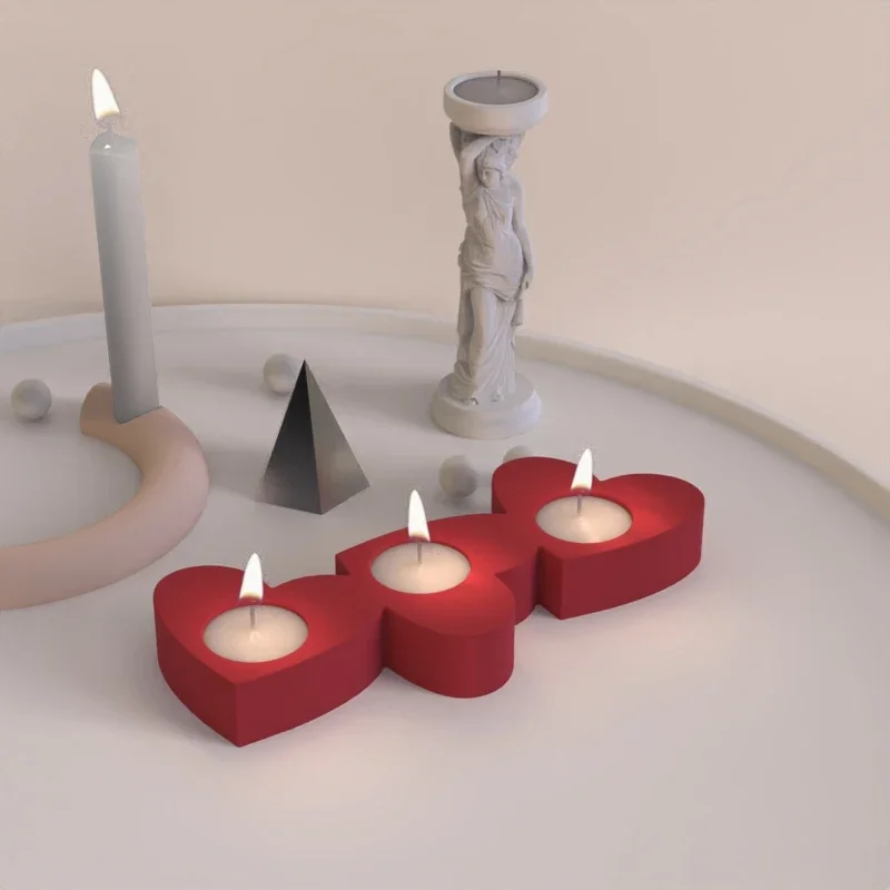 Three-hole love cement candle holder mold handmade diy concrete heart-shaped aromatherapy gypsum tea candle holder silicone mold