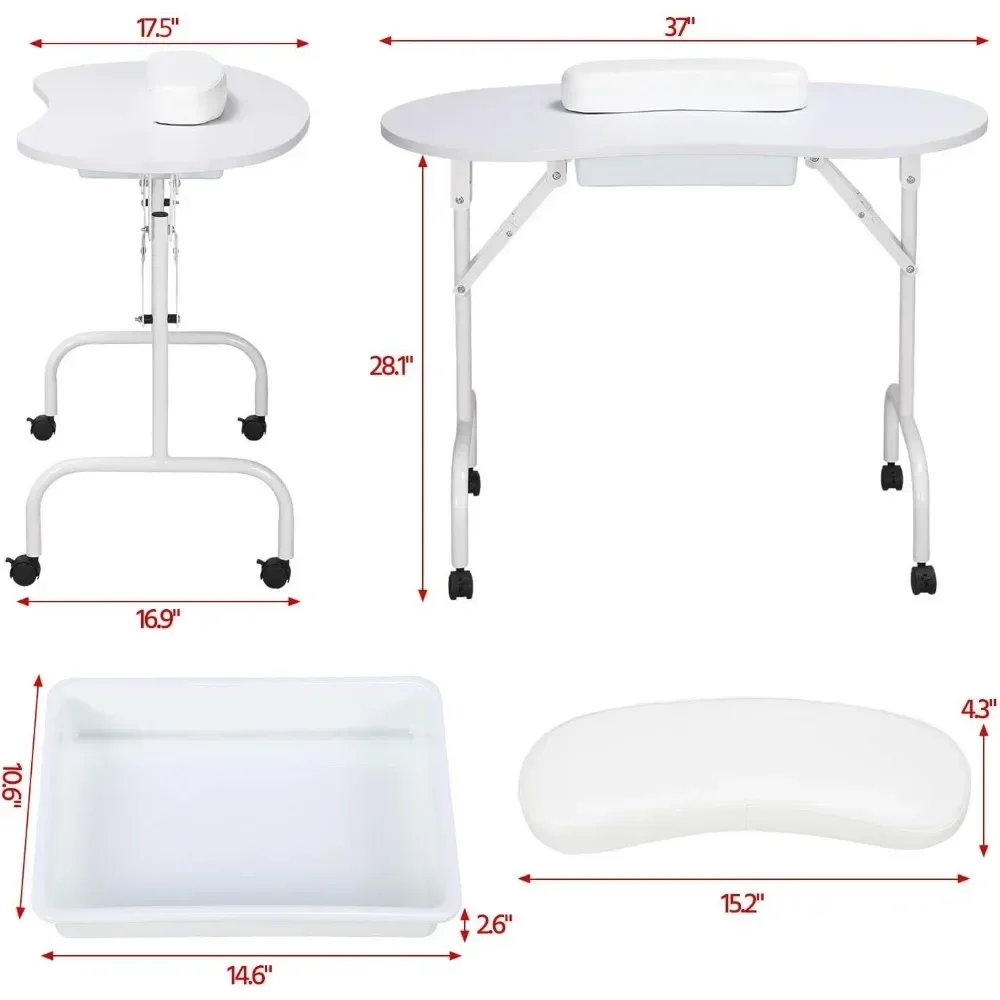 37inch Manicure Table Foldable Workstation w/Carrying CaseWheels for Spa Beauty Salon and Adjustable Low Back Armless Nail Desk