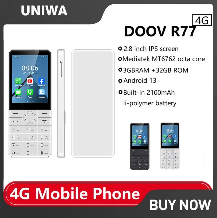 NOWY DOOV R77 4G Telefon z dotykową klawiaturą, systemem Android 13, ekranem 2.8", 3GB+32GB, baterią 2100mAh, obsługą Volte, Whatsapp, obsługa języków hebrajskiego i arabskiego.