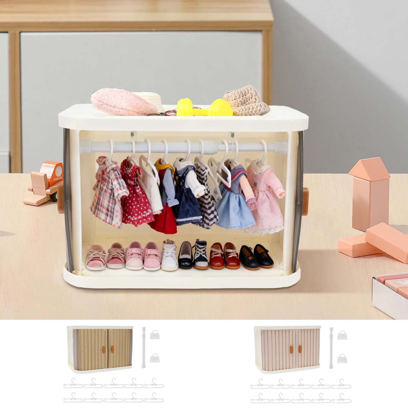 

Doll Clothes Closet Foldable Doll Wardrobe Storage Box with 10 Hangers 2 Hooks and 1 Telescopic Rod Doll Clothes Display
