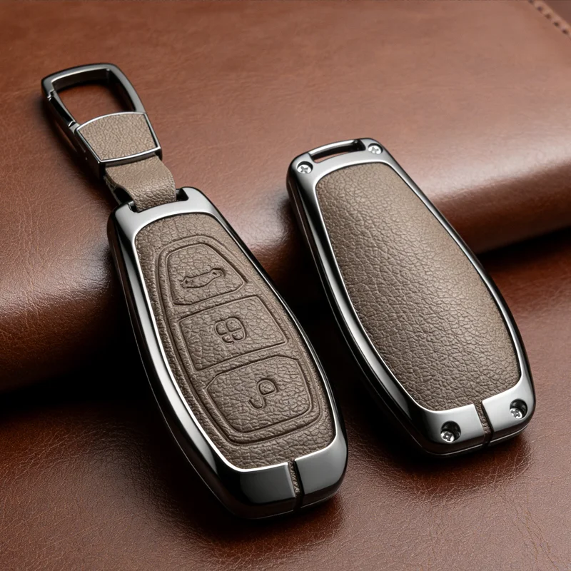 Goatskin Leather Zinc Alloy for Ford Focus C-Max Mondeo Kuga Fiesta B-Max S-max Galaxy 2011 2015 Remote Car Key Case Cover Fob