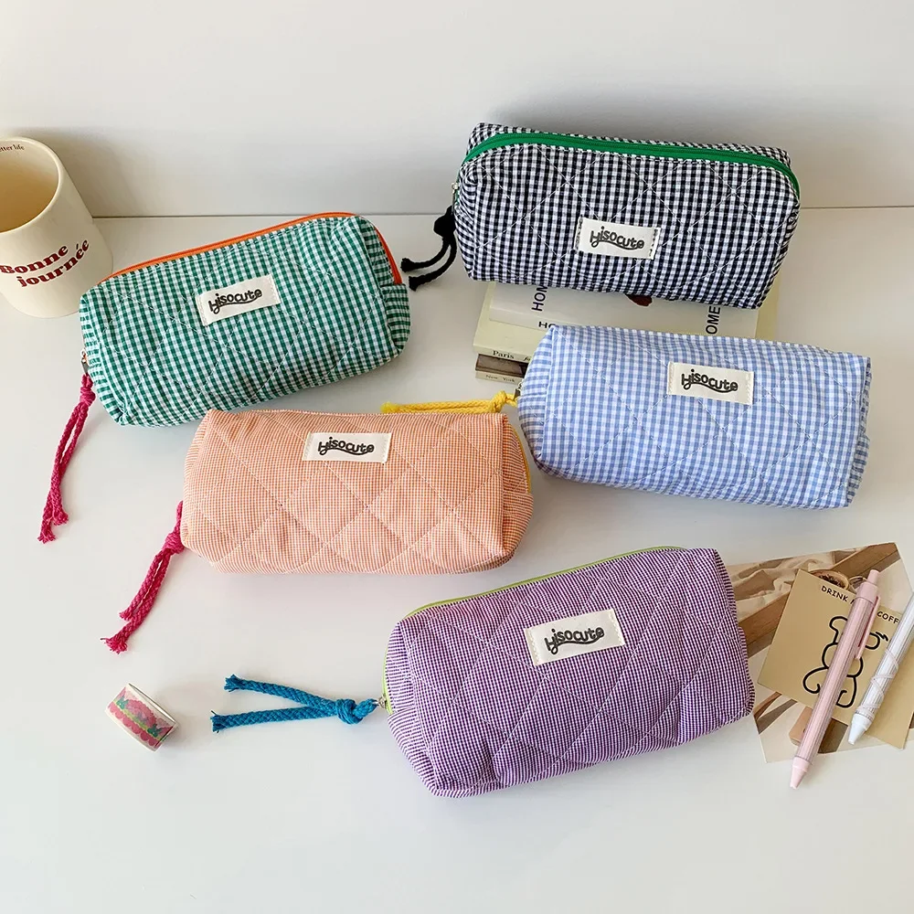INS Plaid Pencil Case Korean Style Color-blocked Checkered Pattern Pencil Pouch for Girl Soft Cotton Stationery Storage Bag