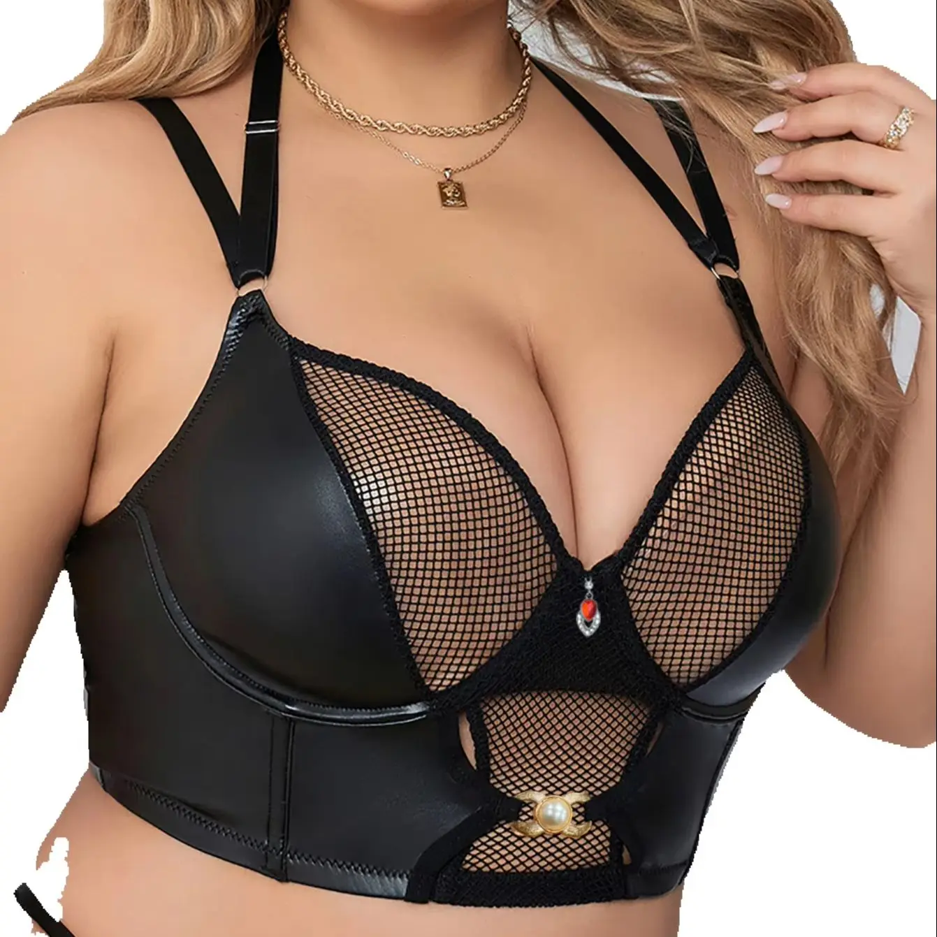 Women Plus Size Faux Leather Mesh Bustier Bra, Adjustable Straps Back Closure Rhinestone Pearl Decor Nightclub Party Corset Crop