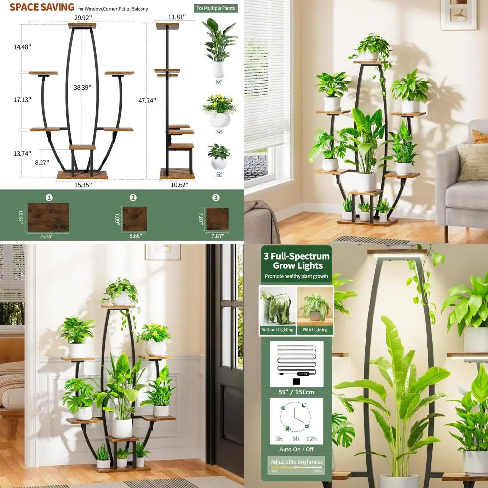 

Подставка для растений для дома с фитолампами - 7-ярусная большая полка для растений, 47 дюймов, для нескольких комнатных растений, металлическая изогнутая нижняя опора